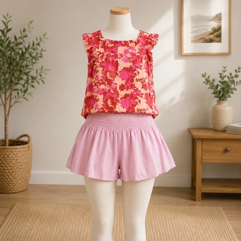NWT Cupshe 2 Piece Set Womens S M Pink Floral Flutter Top and Smocked Shorts